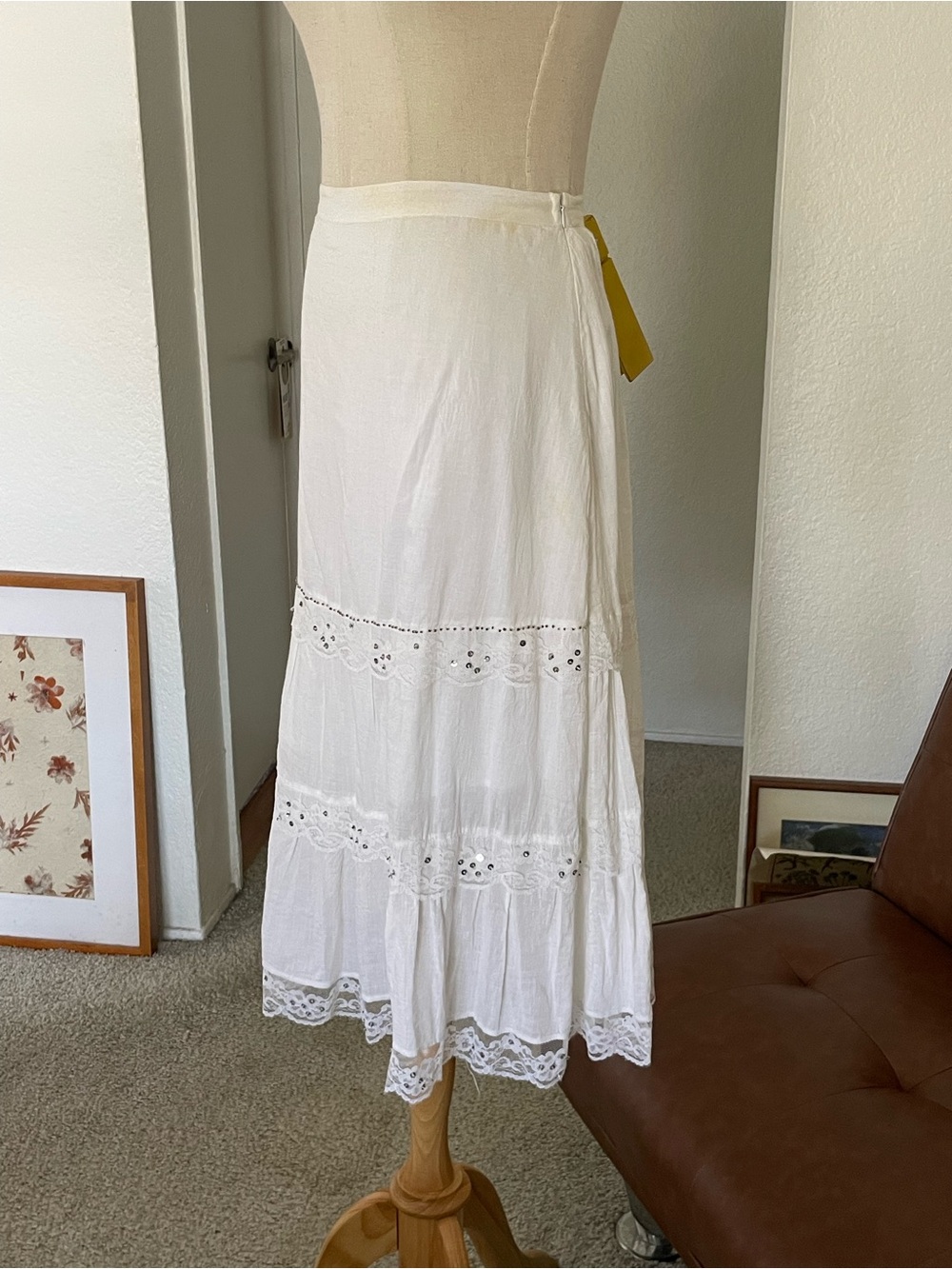 SOLD Y2K 1990s Bb Jeans Boho Fairy Lace Beaded Tier Midi Skirt - Picture 4 of 11